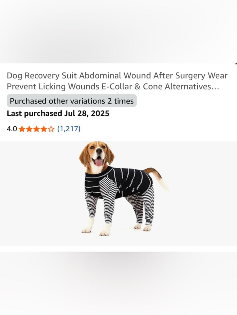 Black & White Striped Dog Recovery Suit - Prevent Licking After Surgery. SMALL
